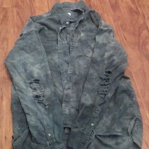 Urban Outfitters Shredded Sleeve Green Button Up